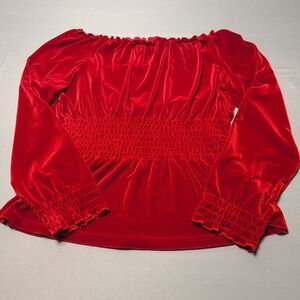 Vintage Jonden Red Velvet Blouse M Square Neck Long Sleeve  Smocked Cuffs 90's